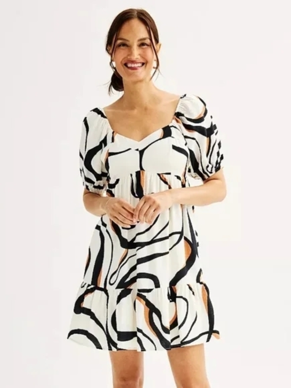 Nine West Abstract Swirl Puff-Sleeve Mini Dress - White/Black/Tan
